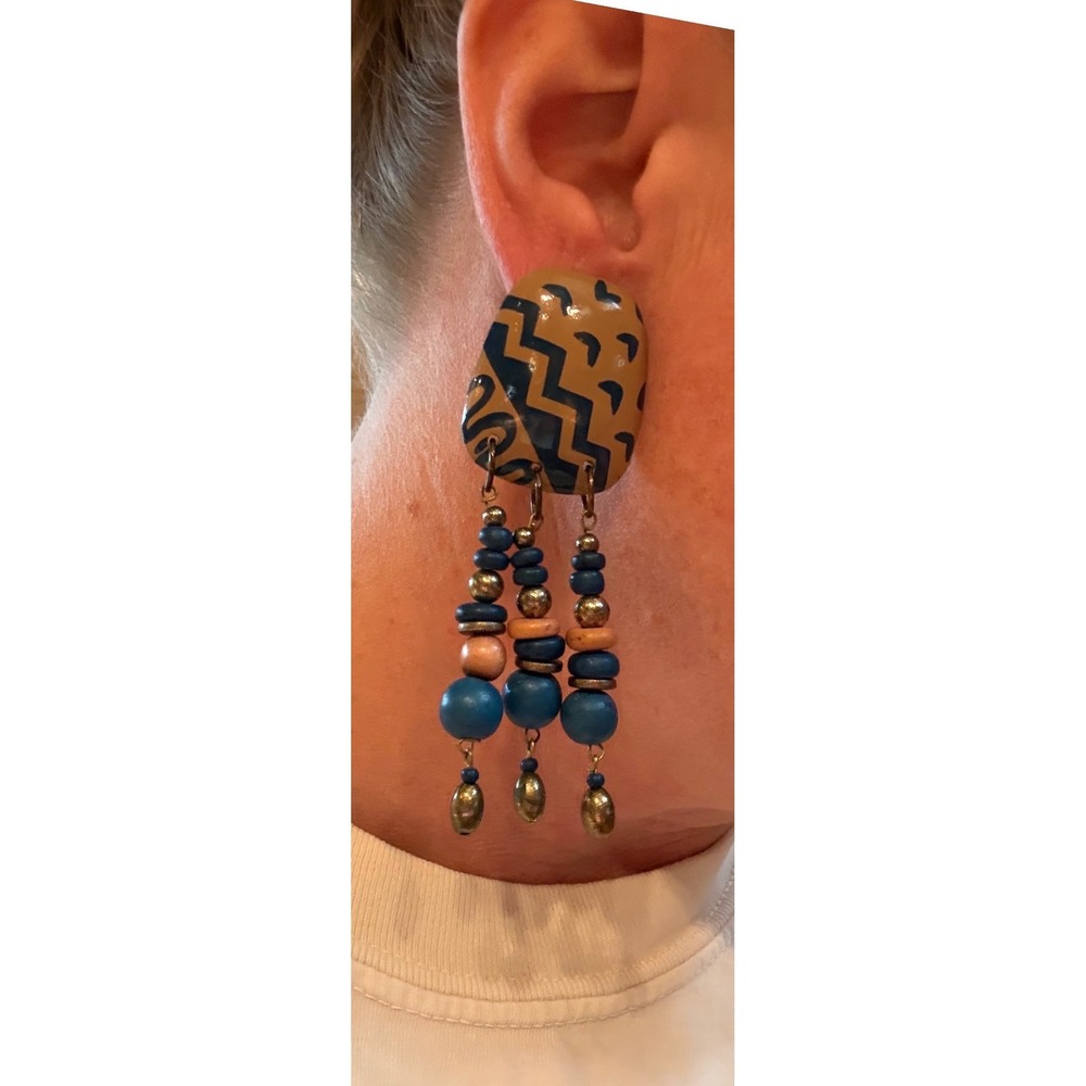 Vintage Boho Geometric Beaded Statement Dangle Earrings Blue Tan Gold Post Back